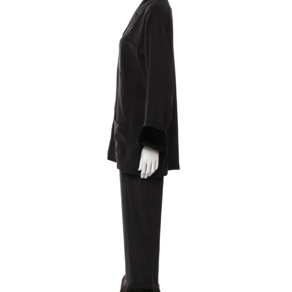 Olivia von Halle 100% Silk Black Faux Fur Trim Pajamas Size S - Picture 3 of 11